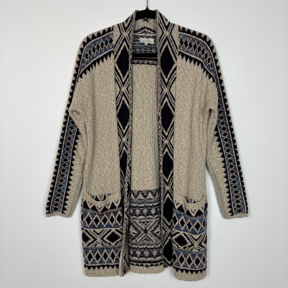 Lucky Brand Women Geometric Fair Isle Tribal Aztec Cardigan XS/S Tan Boho Nordic